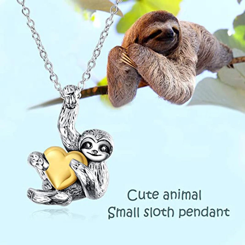 Cute Small Sloth Holding Heart Pendant Necklace For Women Girls Animal Jewelry Gift