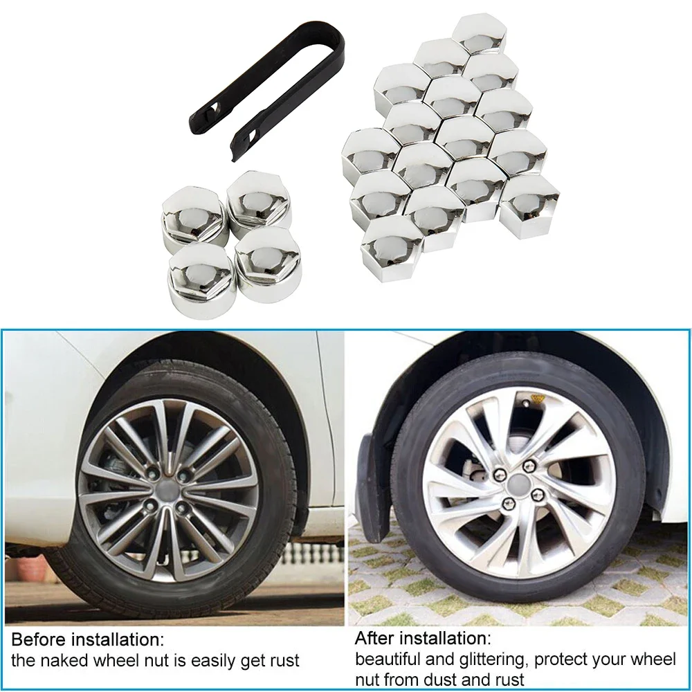 20Pcs Wheel Nut Cap 17mm Chrome Wheel Bolt Nut Caps Covers Universal Tyre Nut Covers including 16 Standard Sizes 4 Locking Size