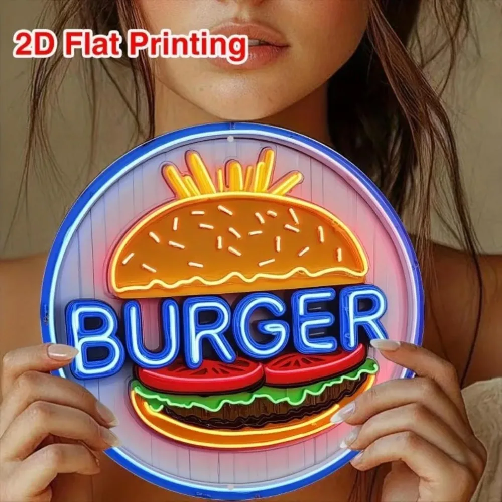 Genérico 1 unidad de letrero de neón con diseño de hamburguesa Vintage, letrero decorativo de Metal plano 2D llamativo para el hogar/Bar/restaurante, 1 ud.