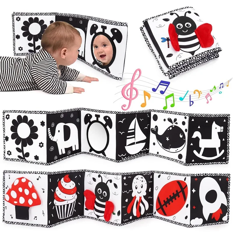 Montessori Baby Books 0-6 Months Black and White Newborn Crib Bumper Infant Educational Sensory Sensory Cloth Book for Babies