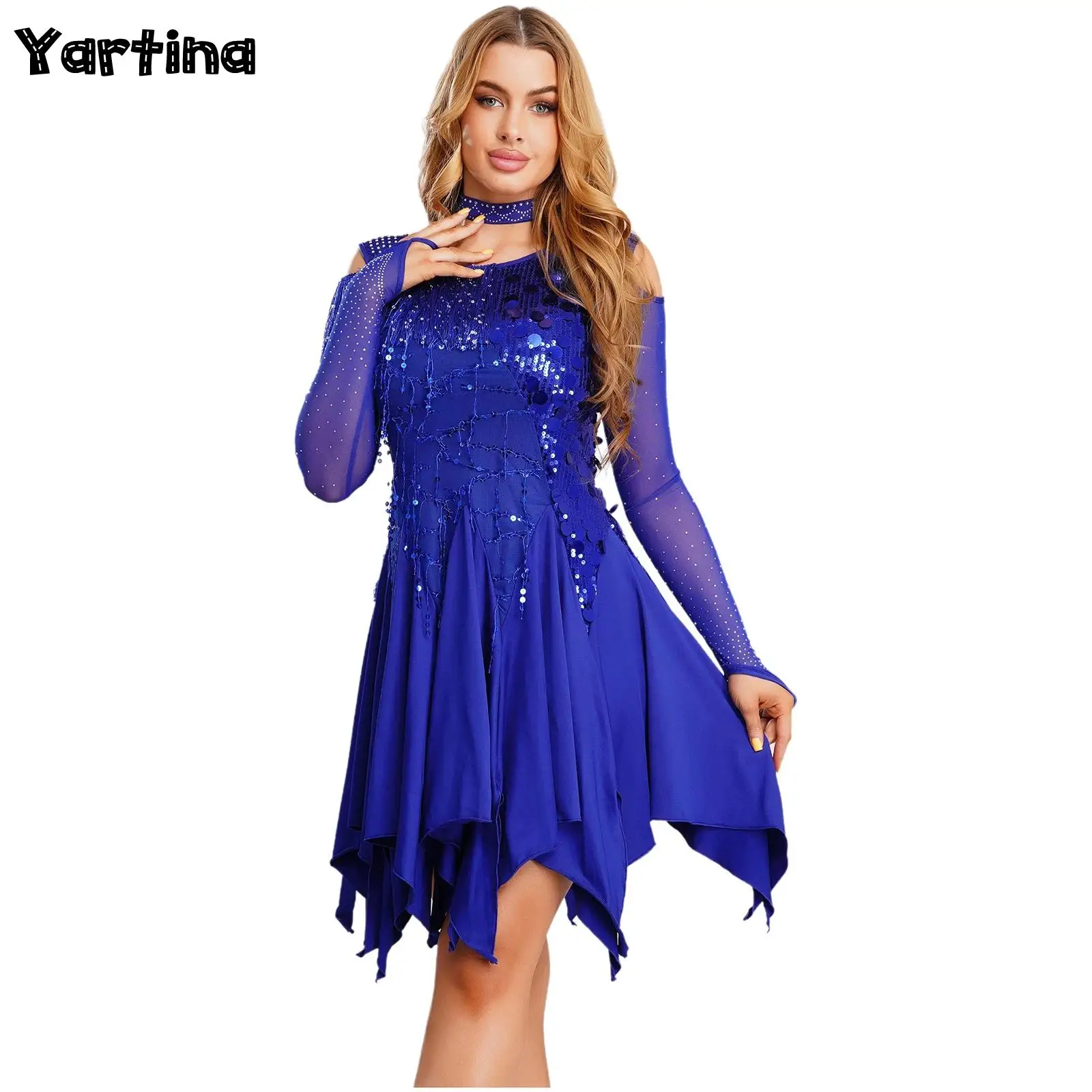

Womens Latin Tango Dance Dress with Choker Performance Costume Sequin Tassel Mesh Long Sleeve Irregular Hem Rhinestone Dress
