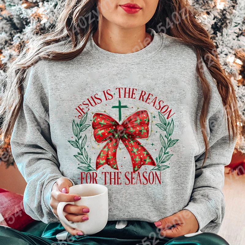 Christmas Bow Jesus Is The Reason For The Season Hoodless Sweatshirts Women Long-sleeved Winter Autumn Pullovers Pure Color Tops