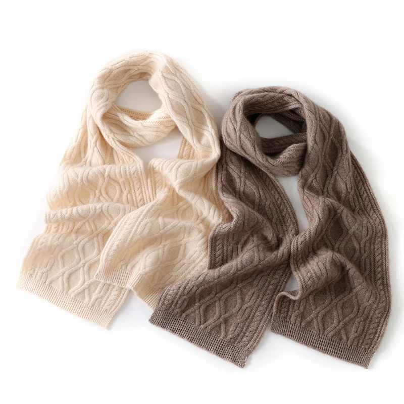 

New 100% Cashmere Women's Scarf Thickened Warm Long Solid Color Twisted Knitted Neck Warmer Unisex Autumn Winter Shawl