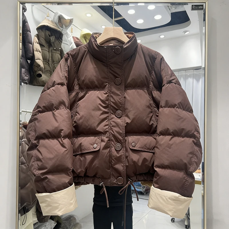 

Color Block Duck down Jacket Short Loose Fit Stand Collar Thickened Sleeve Flip Women's Outerwear Warm Commute Style Casual