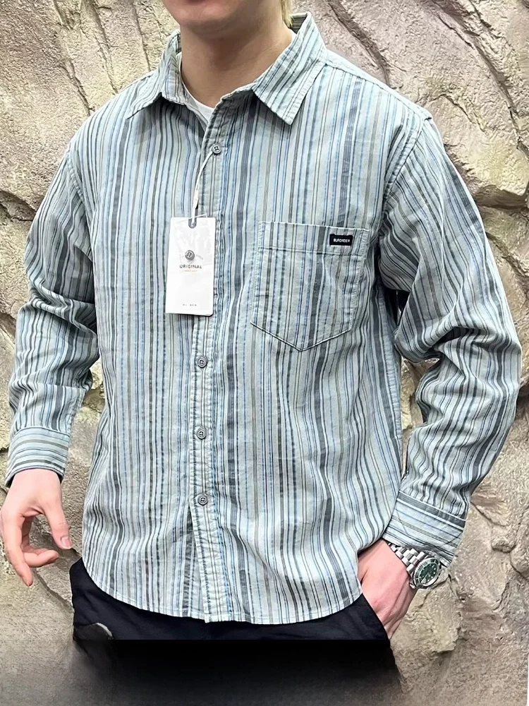 

Мужская хлопковая фланелевая рубашка-поло с длинным рукавом, осенне-зимняя, в полоску, повседневная, дышащая, удобная, с воротником-стойкой