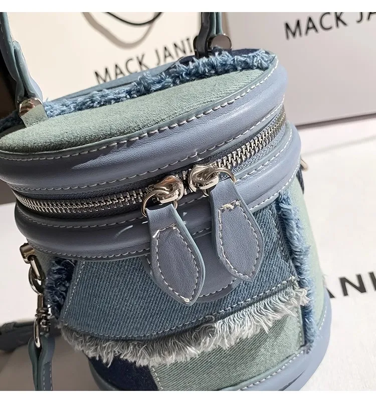 High Quality Blue Denim Fashion Tassel Cylinder Bag Women\'s Handbag Lady Purse Shoulder Messenger Bag Female Casual Bag