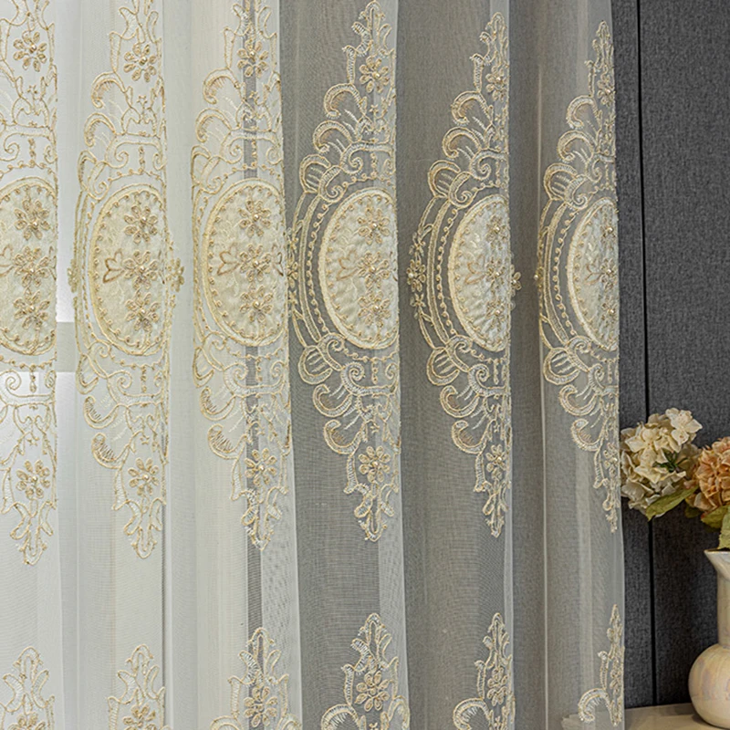 European High-End Pearl Lace Embroidered Sheer Curtains For Living Rooms, Beige Tulle Curtains For Bedroom, Home Window Curtains