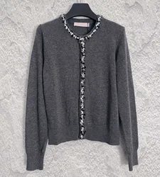 2024 Summer and Autumn New High Quality Women's Clothing Nail bead sequin knitted gray cardigan 0722