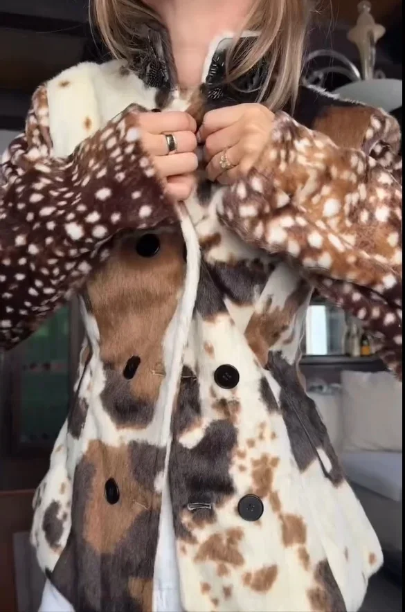 Stand Collar Cow Print Faux Fur Jacket Fashion Double Breasted Slim Fit Short Coat Women  Autumn New Daily Street Outwear 2026