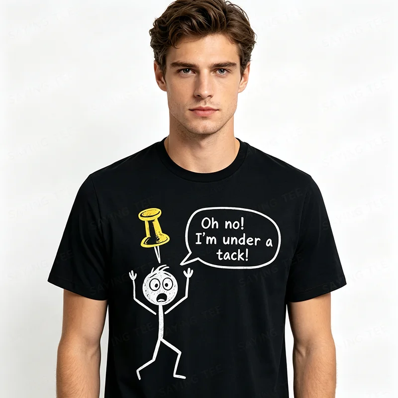 Oh nein, ich bin unter Druck. Humorvolles, skurriles Stickman-Wortspiel-T-Shirt, lustiges Wortspiel, Bürohumor, sarkastischer Stickman, alberne Vaterwitze, Kleidung. – Detail 4