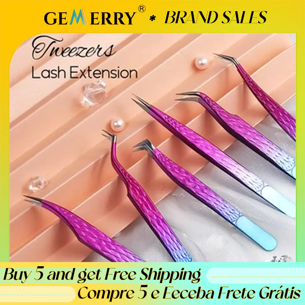 Gemerry Tweezers for Eyelash Extension Colorful Stainless Steel Superhard Tweezers High Precision Anti-Static Makeup Tweezers