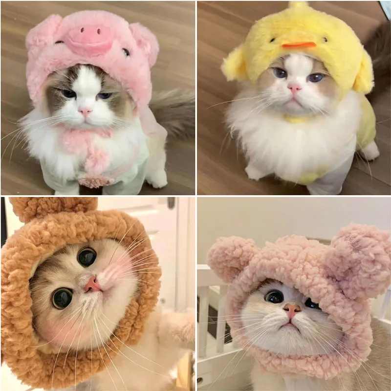 Cute Plush Pet Hat Plain Weave Adjustable Size Cartoon Animal Hat Gift Decoration Crossdressing Hat Cat Head Cover Dog Headwear