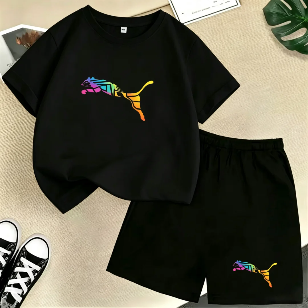 

Kids Summer T-shirt Animal Colorful Doodle Print Clothing Short-sleeved Top+Shorts Boys Girls 3-12 Years Casual Sports Brand Set