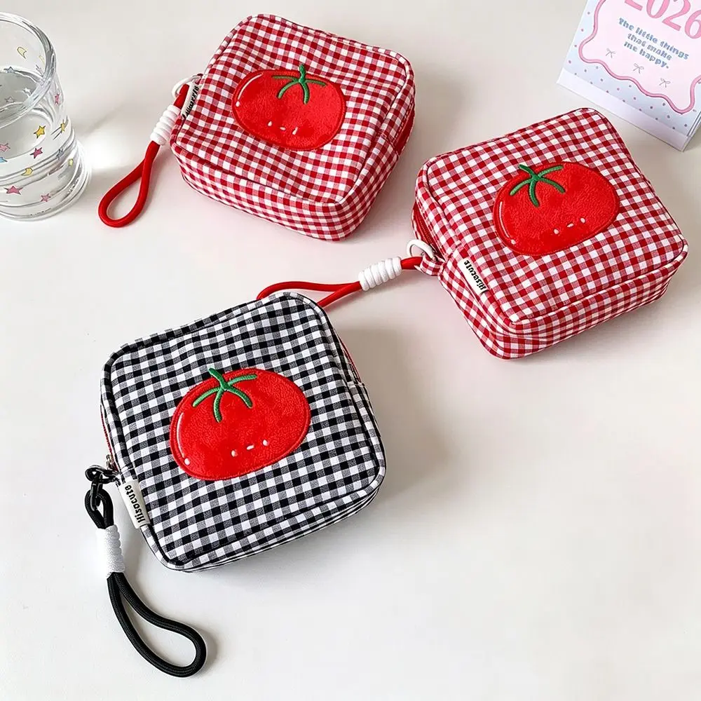 New Tomato Plaid Storage Bag Multifunctional Portable Cosmetic Pouch Square Small Makeup Bag CCD Camera Sanitary Napkin Lipstick