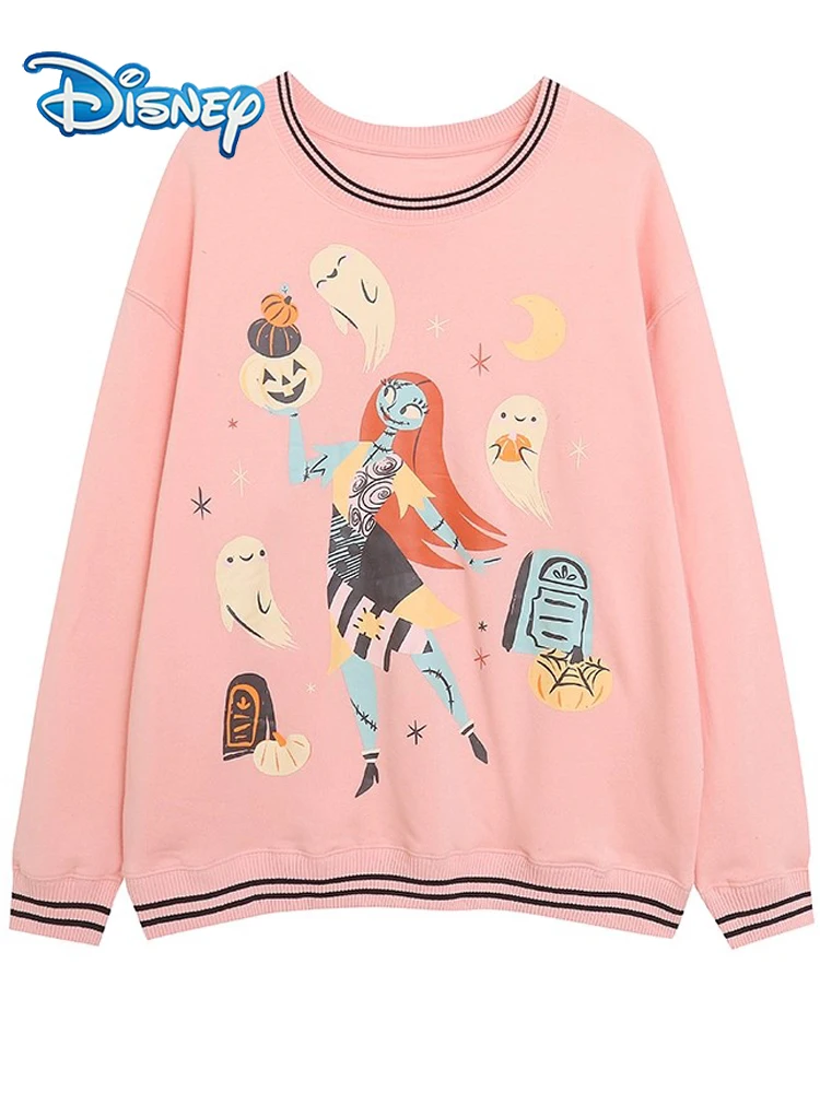 Disney Halloween The Nightmare Before Pumpkin Cartoon Print Fleece Sweatshirt Damen Langarm O-Ausschnitt Pullover Pullover Tops Rosa