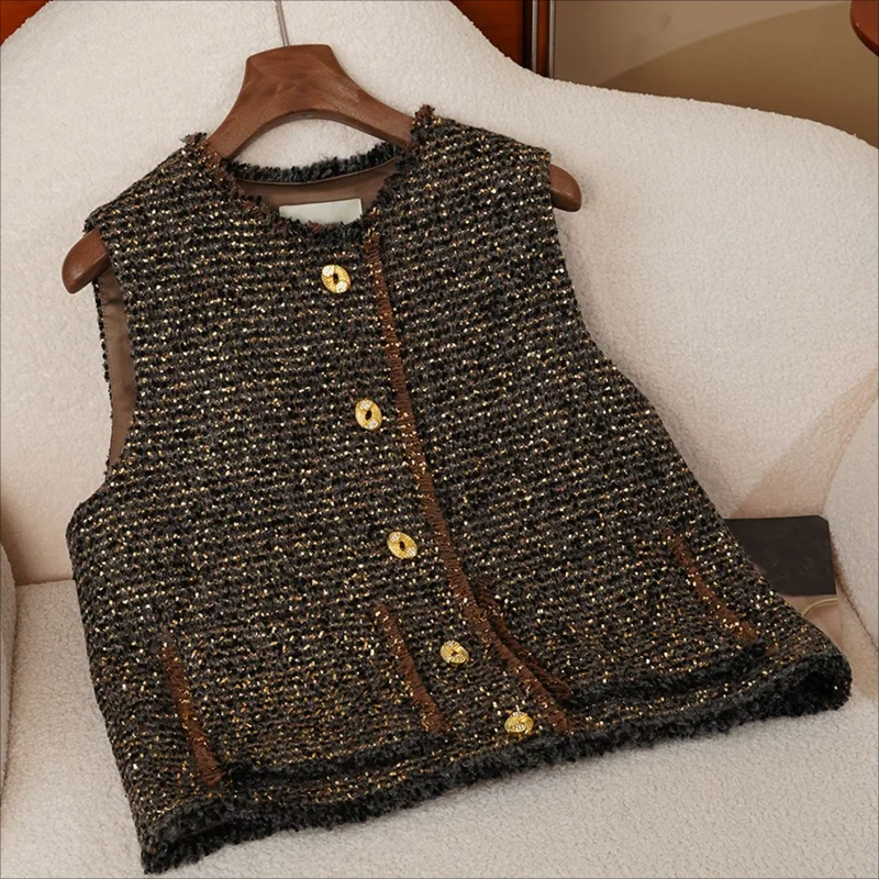 

Coffee-colored Fragrance Gold Silk Round Neck Tassel Sleeveless Women's Vest Fashion Vintage Shiny Simple Tweed Lady Coat Vest