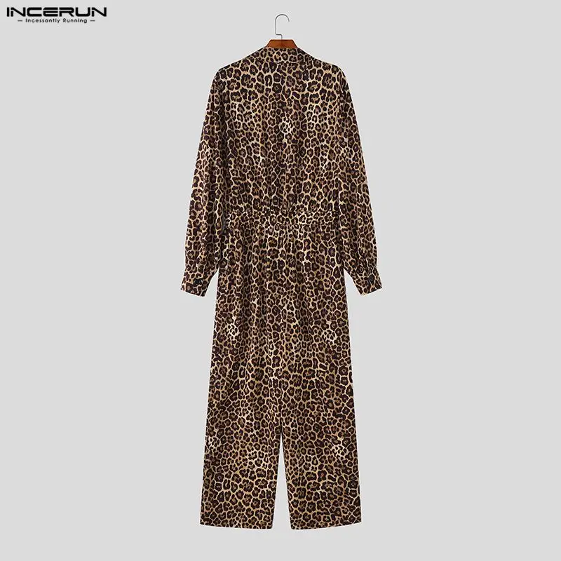 INCERUN Men Jumpsuits Leopard Print Lace Patchwork Lapel Long Sleeve Overalls Men Streetwear Loose Fashion Casual Male Rompers