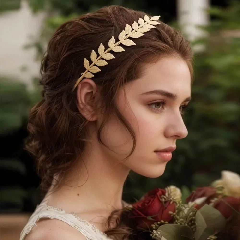 Braut-Haaraccessoires: Griechische goldfarbene Blatt-Stirnbänder für Damen, römische Diadem-Kronen-Tiaras, Kopfschmuck – Detail 5