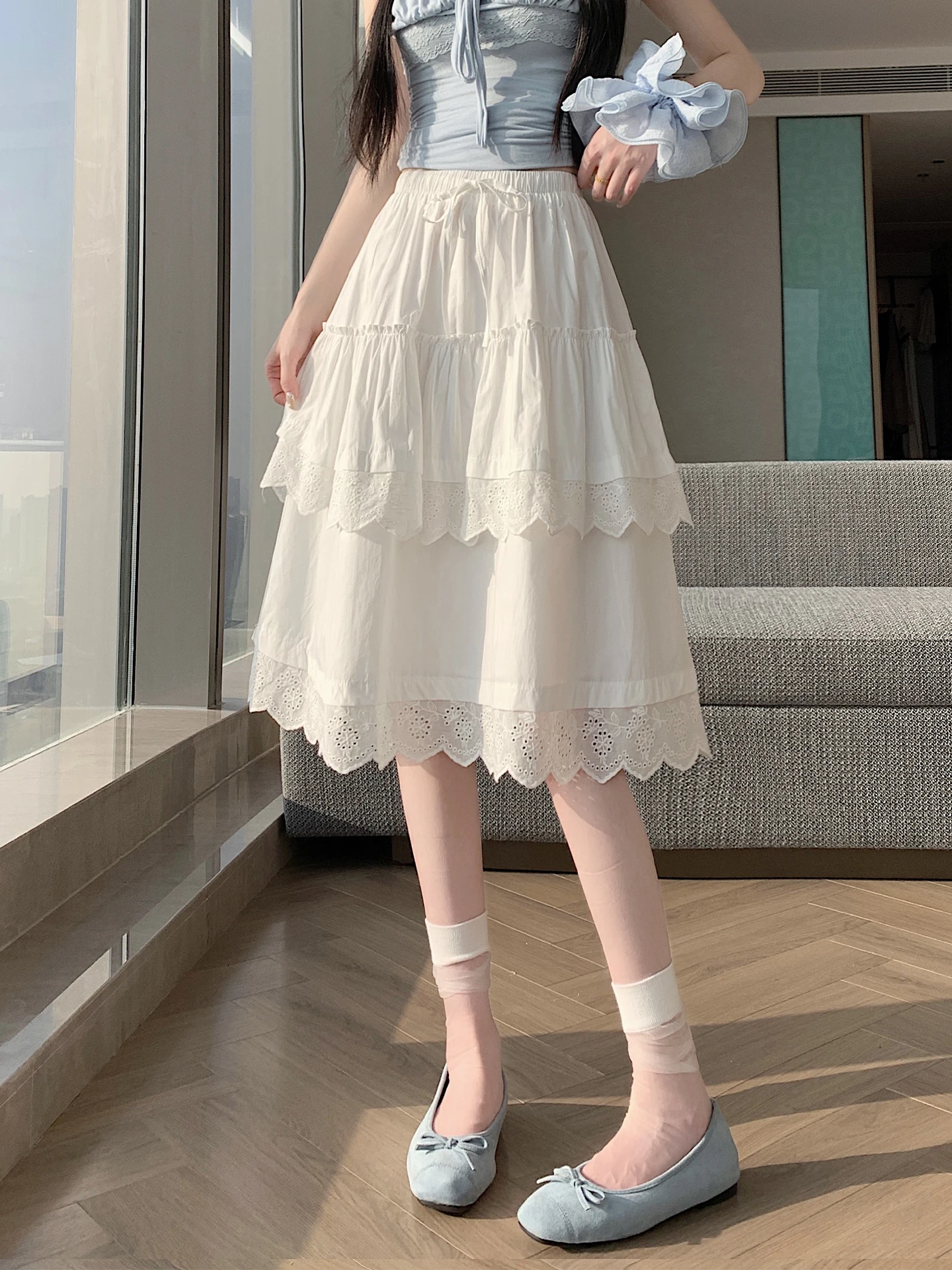 

Белая кружевная юбка-трапеция для женщин, весна-лето, тонкая, милая, с завышенной талией, средней длины, дышащая, приятная к телу