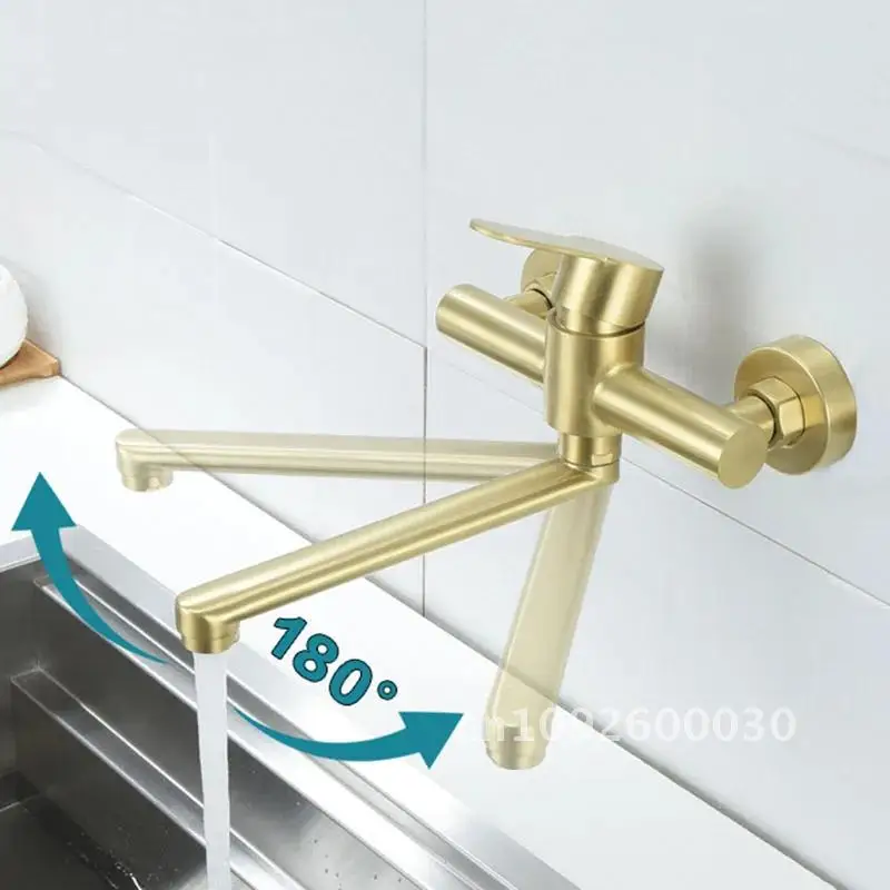 Brushed Handle 304 Stainless Steel Kitchen Sink Faucet Wall-mounted Gold Kitchen Nickel And Faucet Single Hot Cold Rotate