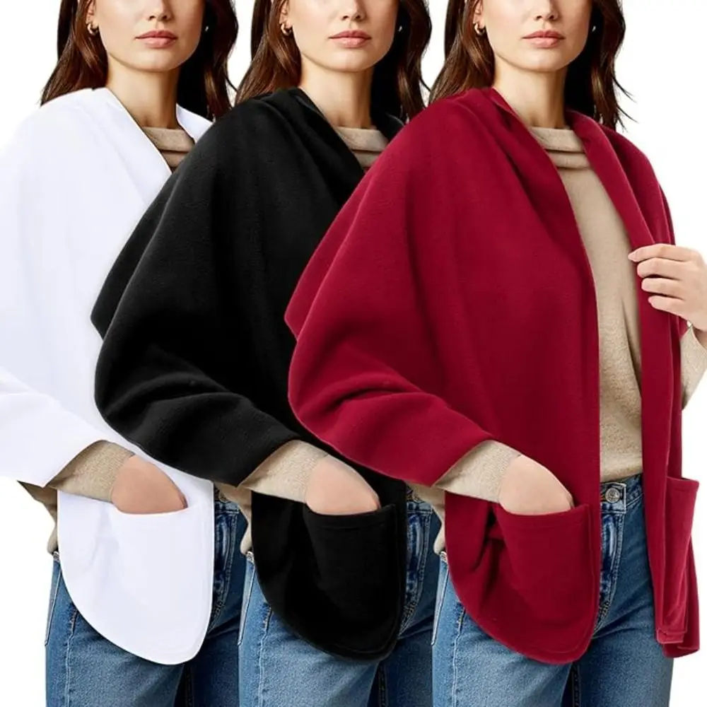 

Новая легкая флисовая шаль с карманом, теплое носимое одеяло, шарф, мягкая накидка-пончо черного цвета, осень-зима