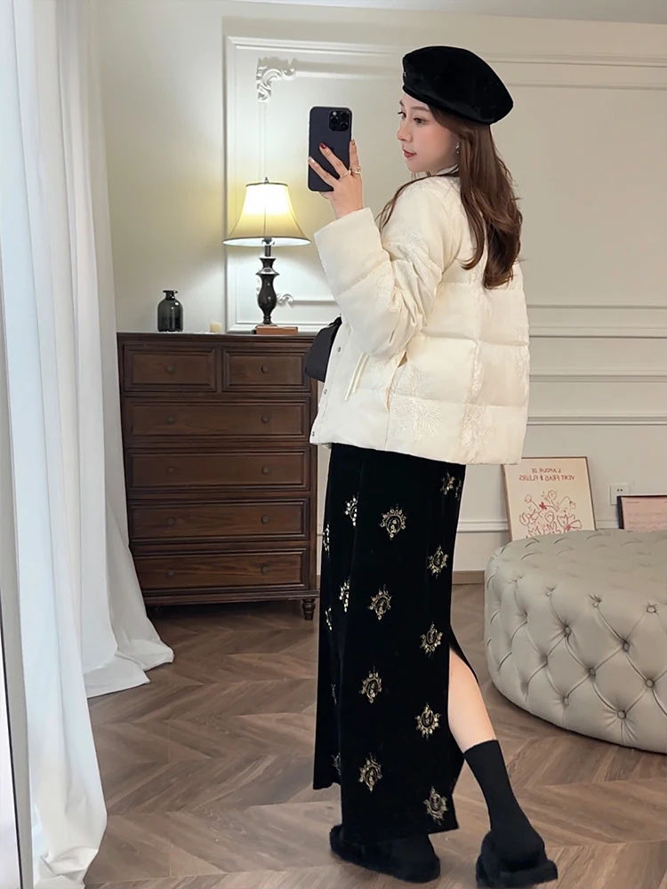 

iny Sequin Embroidery Velvet High Waist Straight Cut f Skirt with Elastic Waist And Ba Split Ele Ladies Skirt