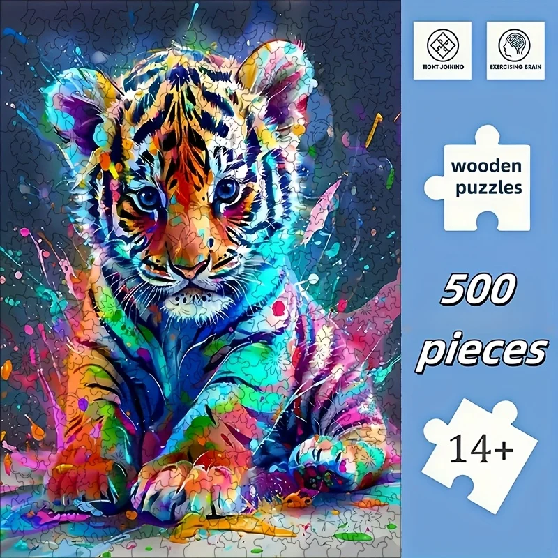 مسطح ثنائي الأبعاد، مجموعة واحدة، ألغاز تحدي خشبية مكونة من 500 قطعة، نمر ملون، مناسب للبالغين والمراهقين فوق 14 عامًا، تعزيز L