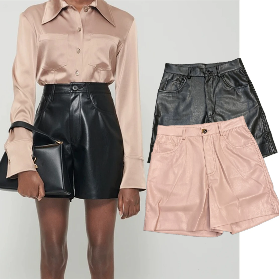 

Dave&Di Fashionable Women's Soft Leather Waisted Shorts High Retro Casual Bermuda Ladies