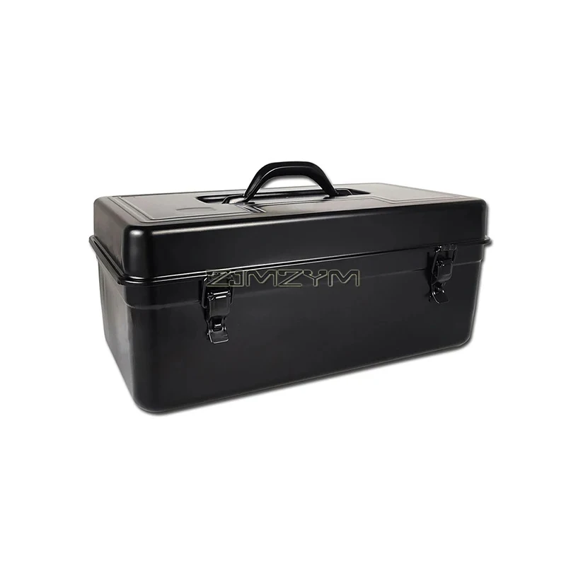 Portable Carpenter Metal Tool Box with Double Latch, Plastic Tray, Small Parts Box, Sockets Storage Box Organizer, Black
