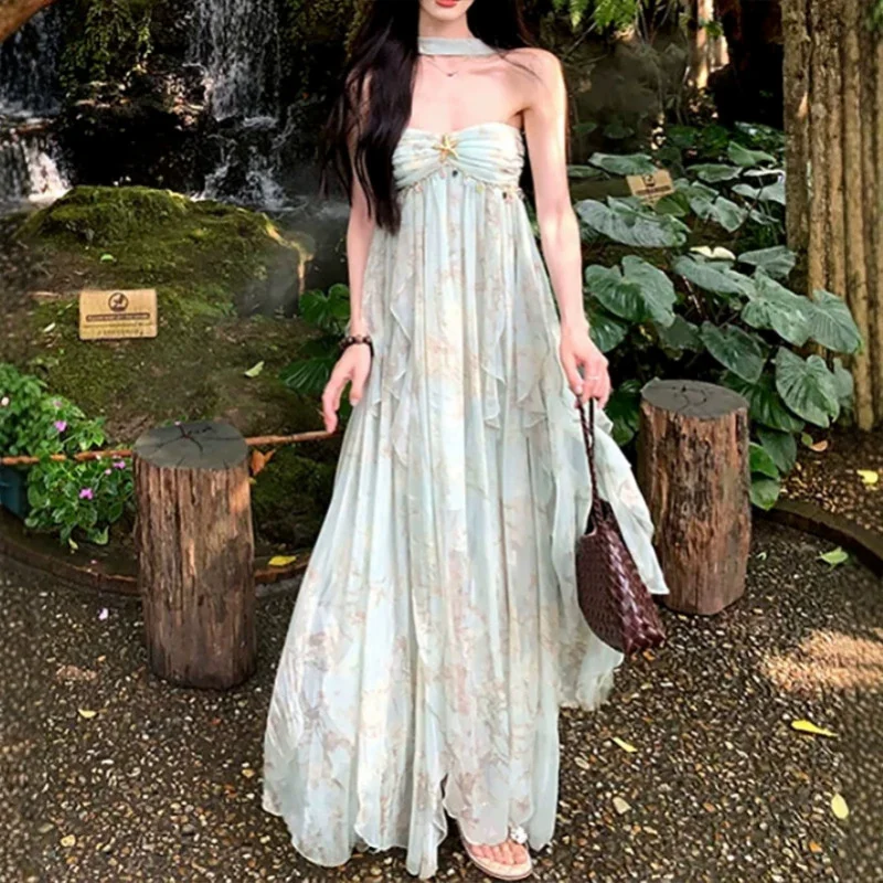 Abito Estivo Floreale Monopezzo da Donna con Scollo all'Americana Senza Maniche a Vita Alta Stile A-Line Dolce Fresco Casual