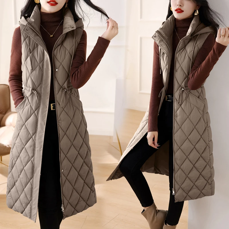 2024 New Autumn Winter Women Long Parka Vest Warm Black Zipper Hooded Down Coat Parka Ladies Sleeveless Waistcoat Jacket Outwear