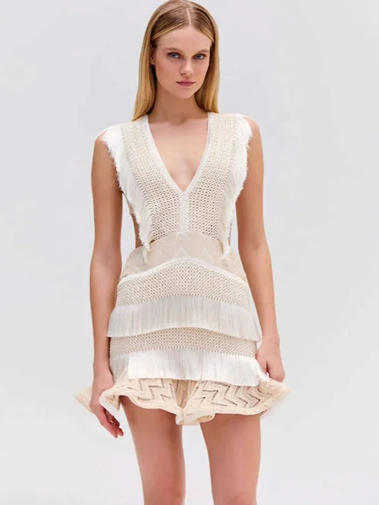 

Вязаные ажурные женские мини-платья с кисточками, уличные повседневные платья с v-образным вырезом без рукавов и рюшами по подолу, летние женские модные халаты