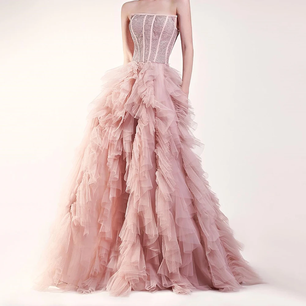 ที่กําหนดเองโมเดิร์น Strapless Pleats ชุดราตรีอารมณ์ A-Line Organza สีชมพูขนาดที่กําหนดเองชุดพรรค Vestidos Para Mujer