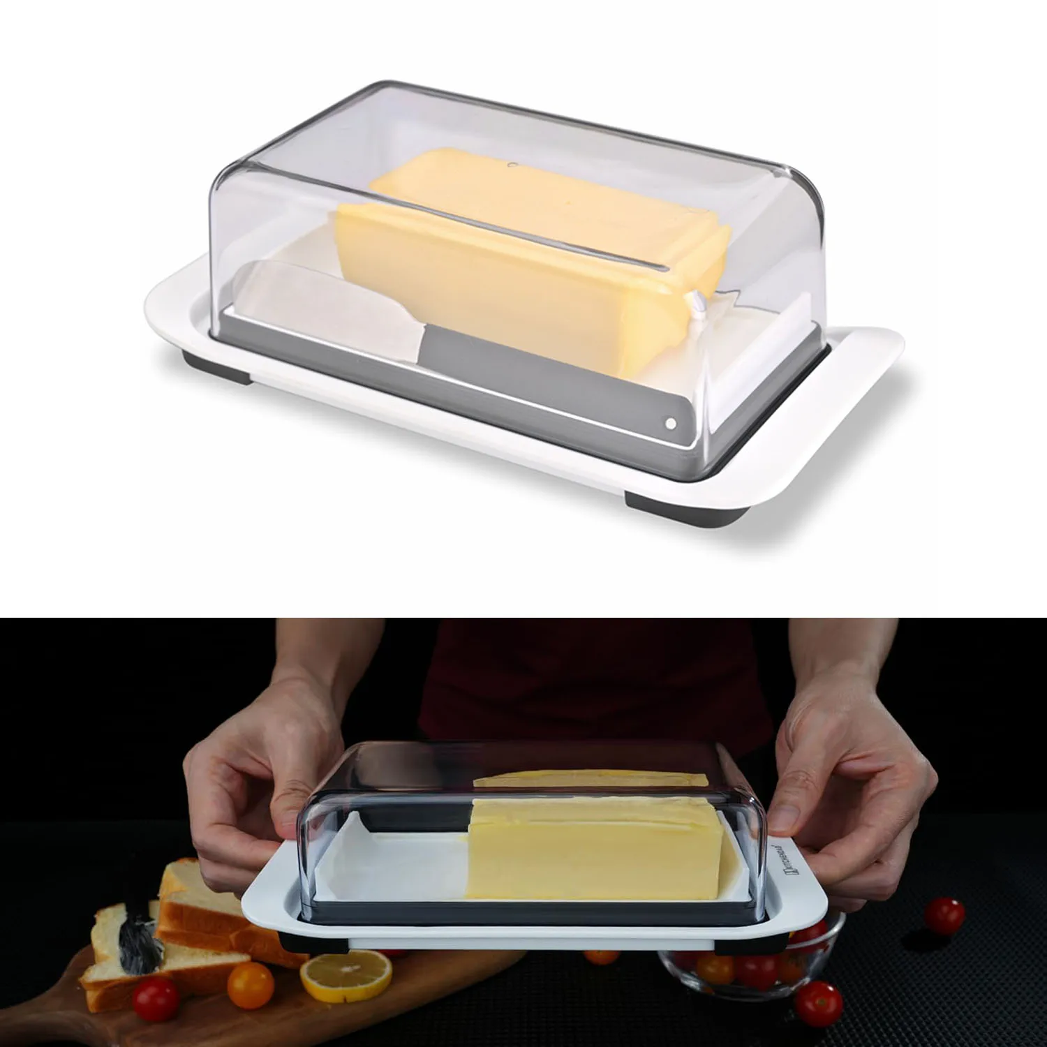 Airtight Butter Dish with Lid for Countertop and Fridge Dishwasher, Holder Tray with Non-Slip Feet holds and Butter Knife