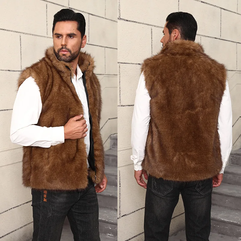 Luxury Brand Fur Vests Men Sleeveless Jacket Zipper Stand-up Collar Faux Fur Waistcoat Autumn Winter Warm Coat Thick Coldproof