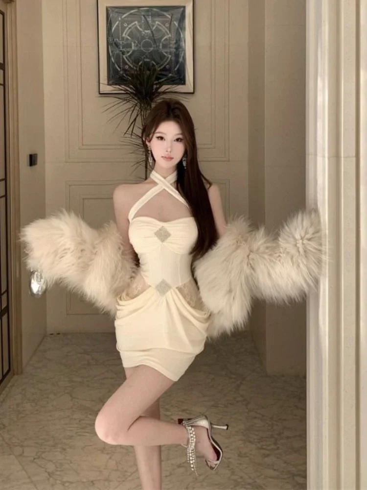 Neue Sexy Halter Frau Liebsten Kleid 2025, Vestidos De Mujer Mode Spitze Patchwork Robe Femme Schlanke Taille Gefaltete Mini Kleider