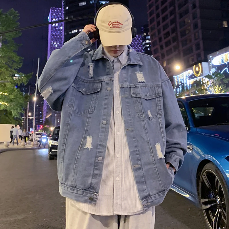 S-3XL Denim Jackets Men Autumn Blocking Hip Hop American Style Washed Daily Frayed Personality Youthful Handsome Outwear New