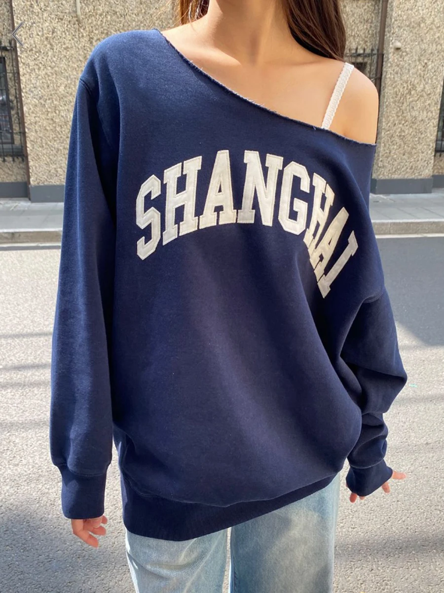 Letter Embroidery Oversized Sweatshirt Women Scoop Neck Long Sleeve Cotton Pullover Autumn Vintage Streetwear Loose Hoodie Y2k