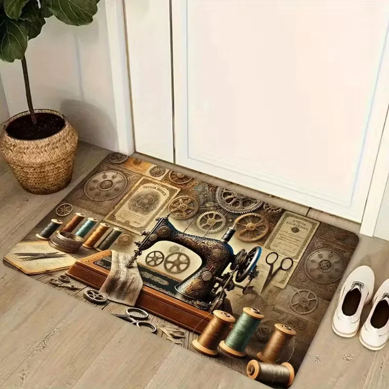Willkommensmatte, Vintage-Nähmaschinen-Design, Teppich, rutschfester Flanell-Teppich für Zuhause, Büro, Wohnzimmer, Schlafzimmer, Dekor, Bodenmatte