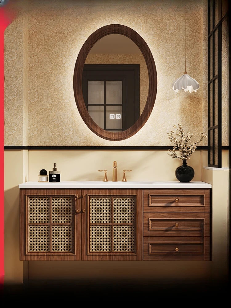 Medieval style DuPont Corian integrated basin rubber wood rattan bathroom cabinet toilet washbasin washbasin combination