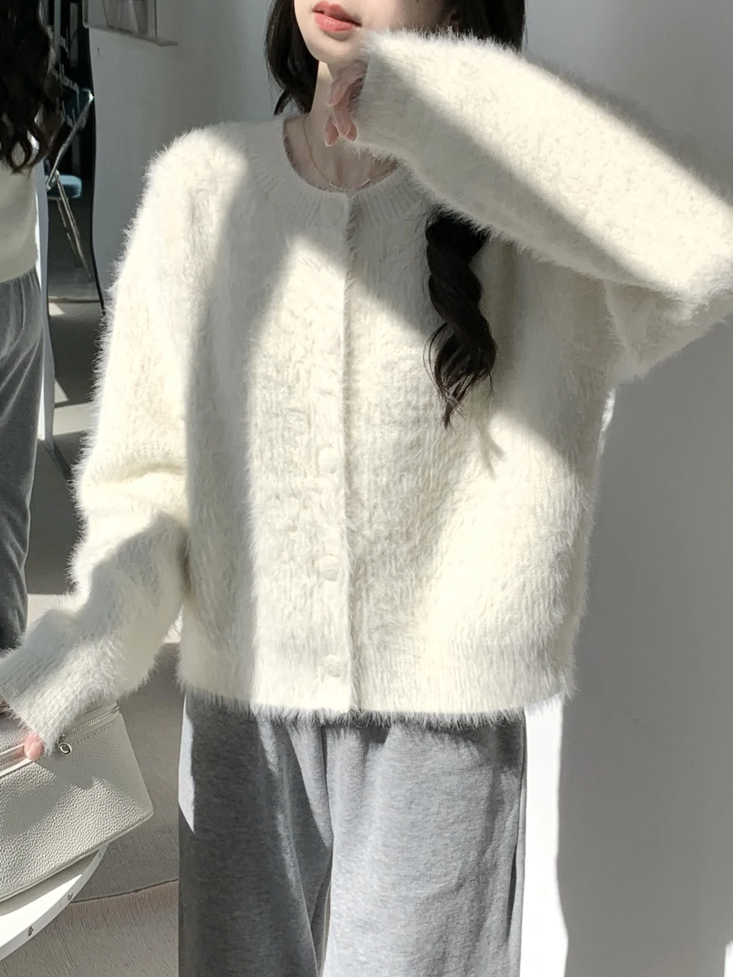 

Soft White Mink Velvet round Ne Open Cardigan Women's Autumn Winter Thi Warm Loose Knitted Outerwear Casual Sle
