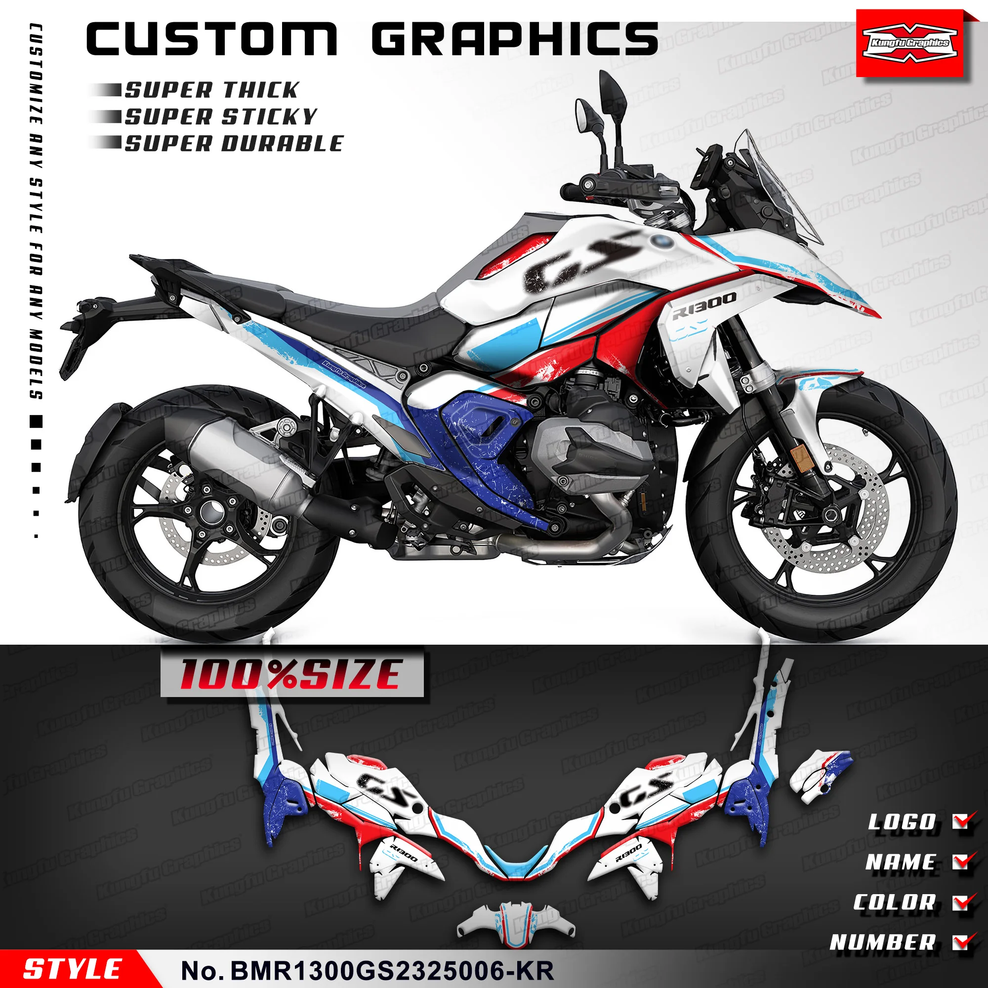 

KUNGFU GRAPHICS Custom Stickers Complete Laminated Decals for R1300GS R 1300 GS 2023 2024 2025, Rebuild Kit, BMR1300GS2325006-KR