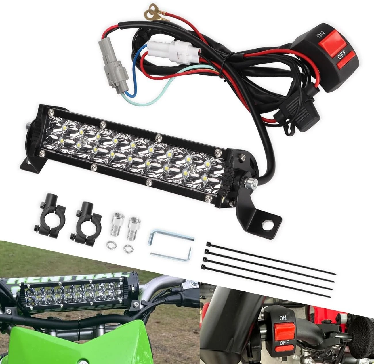 

60W Motocross LED Light Bar Kit with Mounting Bracket Switch Wiring for CRF250F CRF110 TTR110 YZF250 RM KX SSR SDG Dirt Pit Bike