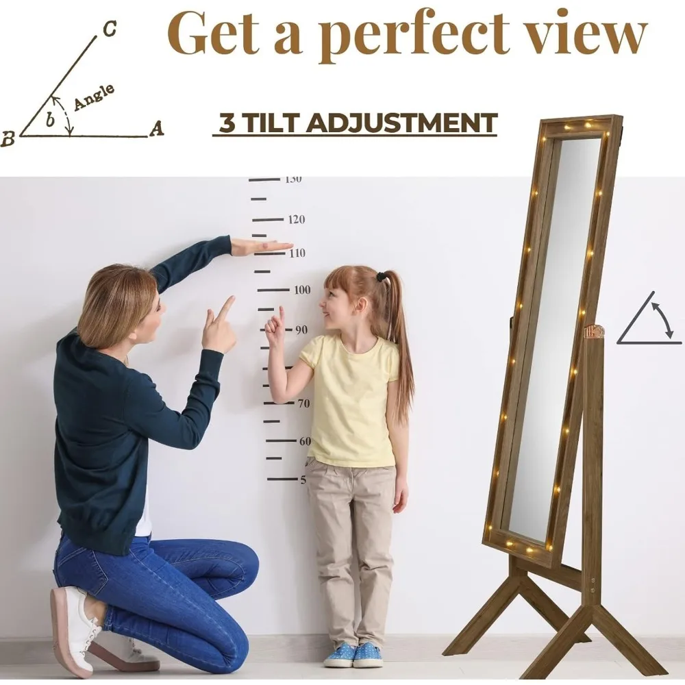 Grote vrijstaande geruite spiegel met verlichting, hoge vloerspiegel voor slaapkamer, rustieke bruine afwerking, volledige lengte spiegel met licht