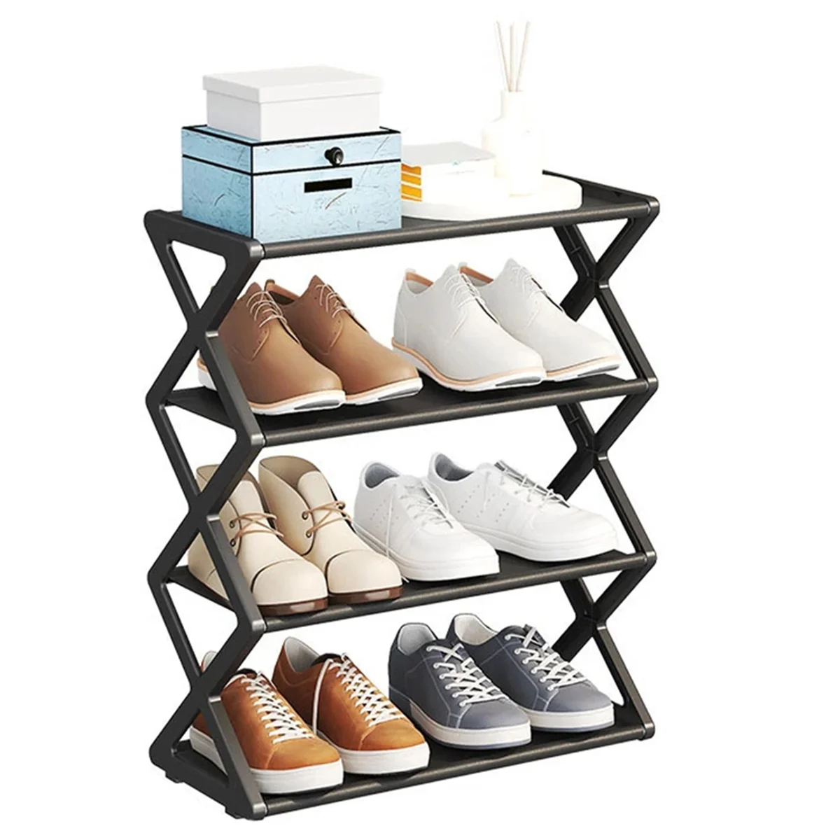 X-Shaped Shoe Rack for Home Multifunctional Steel Assembly Shoecase for Students Dormitory Dustproof Storage Shelf,Black