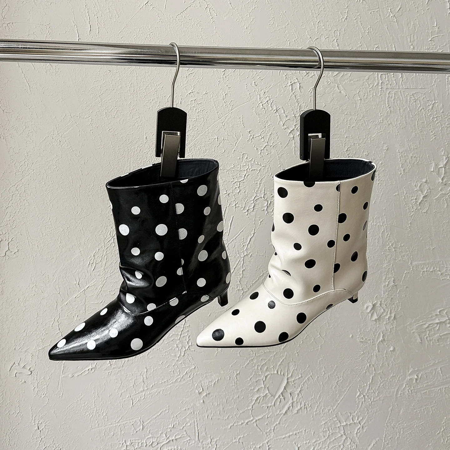 Genuine Leather Cowhide Ankle boots,Polka Dot Women Boots, Pointed Toe Mid Heels Fashion Womens Shoes