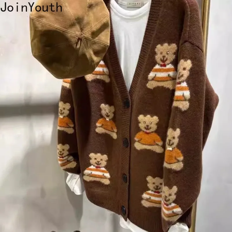 Cartoon Bear Cardigan Coat Women Pull Femme Casual Fashion Knitting Sweater Tops Casual Sueter Mujer 2024 Fall Winter Clothing