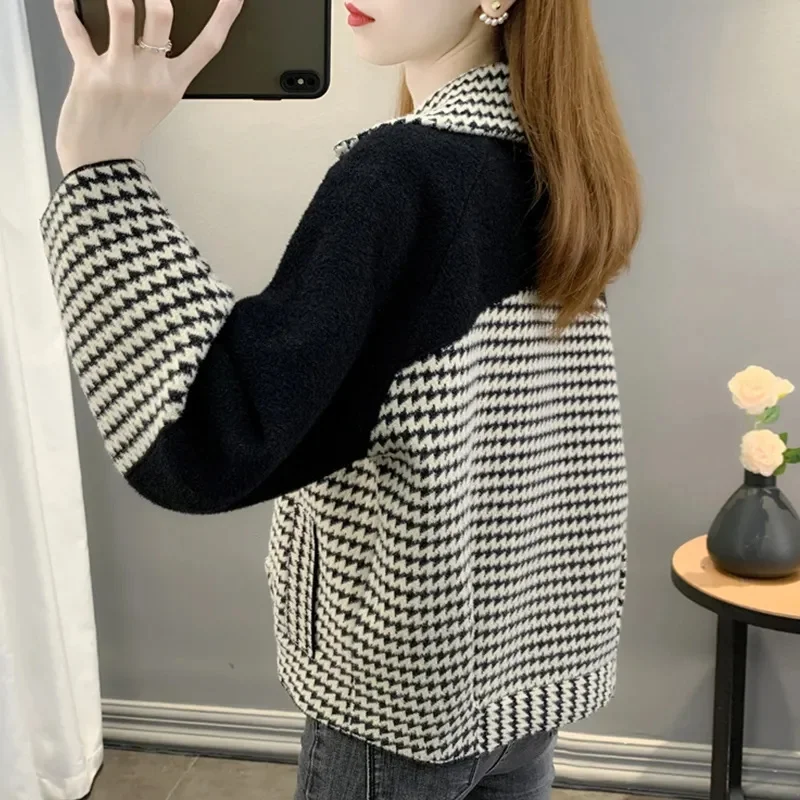 Female Short Xiaoxiangfeng Suit Coat Women Loose Fitting Houndstooth Tops Spring Autumn Lady Long Sleeves Cardigan Blazer Jacket