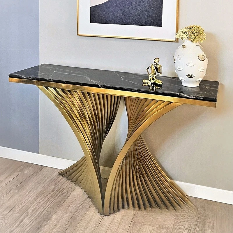 Stainless steel titanium marble entrance table against the wall Tempered glass entrance table