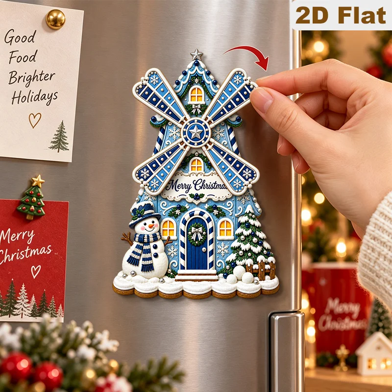 2D Flat, 1pc Merry Christmas Snowman Windmill Gingerbread House Wooden Fridge Magnet, Interactive Rotating Pinwheel Christmas